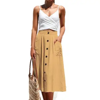 

Midi Skirt Women 2020 Summer Long Beach Skirt Ladies Slim High Waisted Skirt FemalePocket Elegant Party Skirts for Women