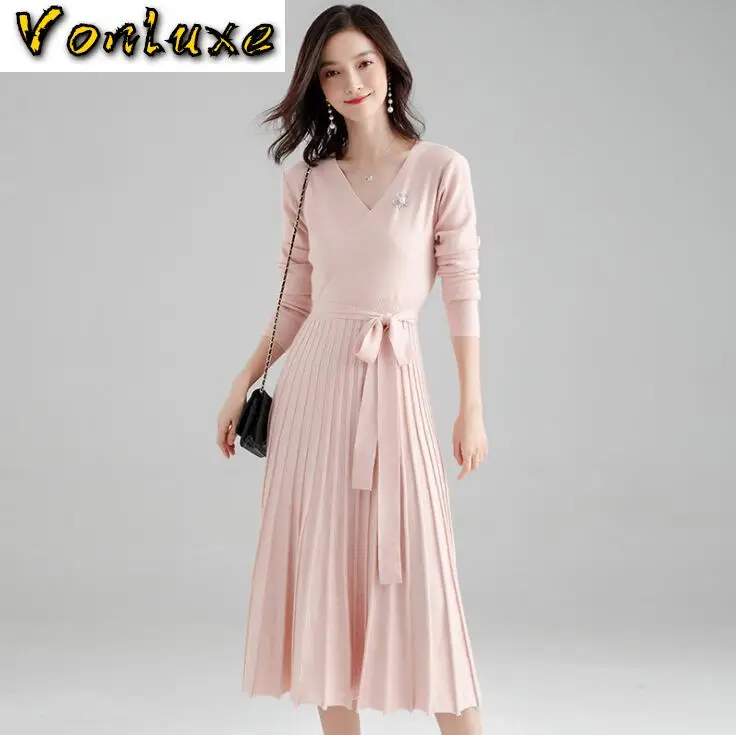 Sweater Dress Women Autumn Winter Cashmere Knitted Long Sleeve Sexy V Neck Office Lady Pleated A-line Dresses Party Vestidos | Женская