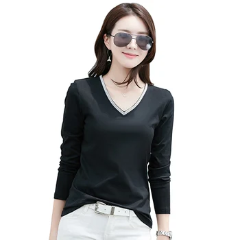 

High Quality 100%Cotton V Neck Chain T Shirt Women Long Sleeve Womens Tops Spring Autumn Tee Shirt Women Korean T-Shirt