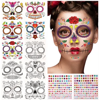 

FRCOLOR 10 Sheets Halloween Temporary Tattoos Waterproof Long Lasting Face Tattoos with 2 Sheets Face Gems Unique Charming Tatto