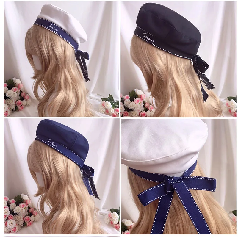 Lolita Ribbon Bow Navy Beret Blue White 
