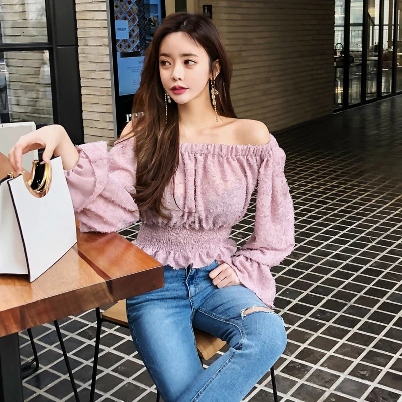 

CINESSD The Sexy Off Shoulder Blouse Render Tops Women Autumn Winter Korean Pink Long Flare Sleeve Knitted Warm clothes