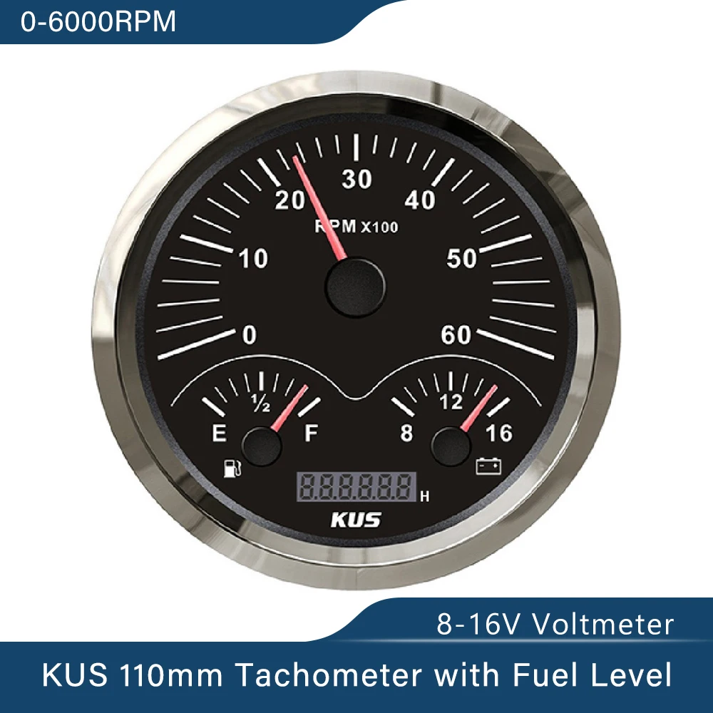 KUS New Multifunction Gauge Tachometer Water Temp  Fuel Level 12V Voltmeter 110mm with Yellow Red Backlight