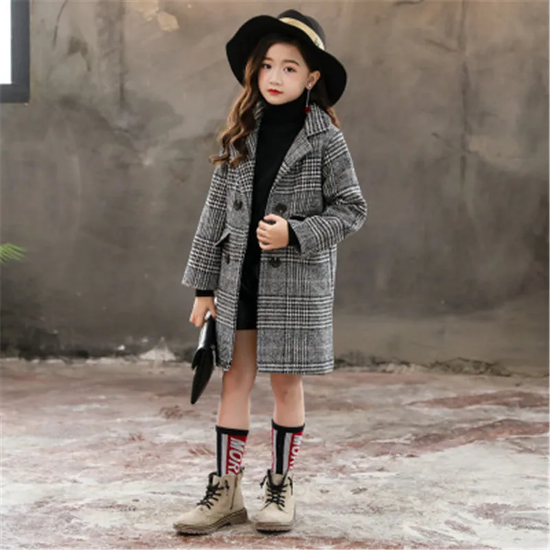 

Warm long outerwear Children Clothes Windproof Kids girl overcoat Winter new fashion Houndstooth wool coat for girls Teens Coats