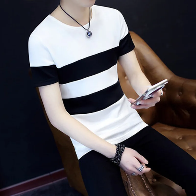 

Men's Short Sleeve T-shirt Round Neck Stripe Slim Trend Student Small Fresh Bottoming Shirt Summer Casual T-shirt