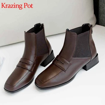 

Krazing pot natural cow leather zipper ankle boots square med heels preppy style streetwear keep warm winter Chelsea boots L16