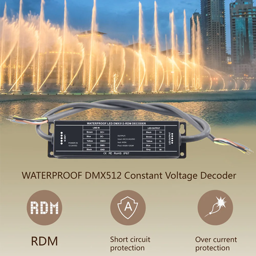 5A x 4CH Waterproof DMX512 Decoder RGBW LED Controller 12V DC 24V Input DMX512/1990 output PWM For Constant Voltage LED lamps ltech din dmx 4ch led dmx decoder dc 12v 24v input 4a 4ch output din rail 4 channel dmx512 slave rgbw strip cv constant voltage