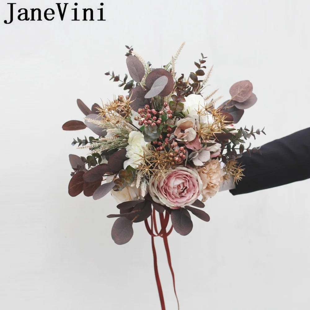 JaneVini винтажный осенний Свадебный букет Рамо Искусственный Свадебный шоколад Искусственные цветы пионы из шелка Европейский держателб для свадебных цветов аксессуары
