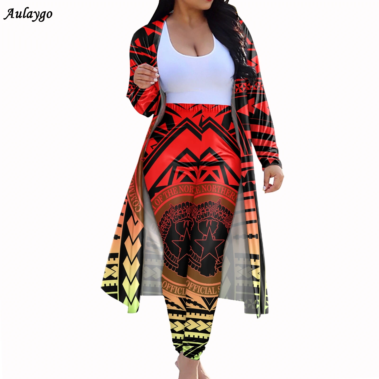 

Women Clothing Sets With Pants Mariana Islands Polynesian Long Sleeve Cardigan Top High Waist Tight Leggings Pant Suit Outfits