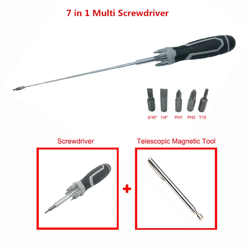 

7 in 1 Multifunction Screwdriver Flat Phillips Torx Screwdriver Pick Up Tool LED Light Not included Batteries