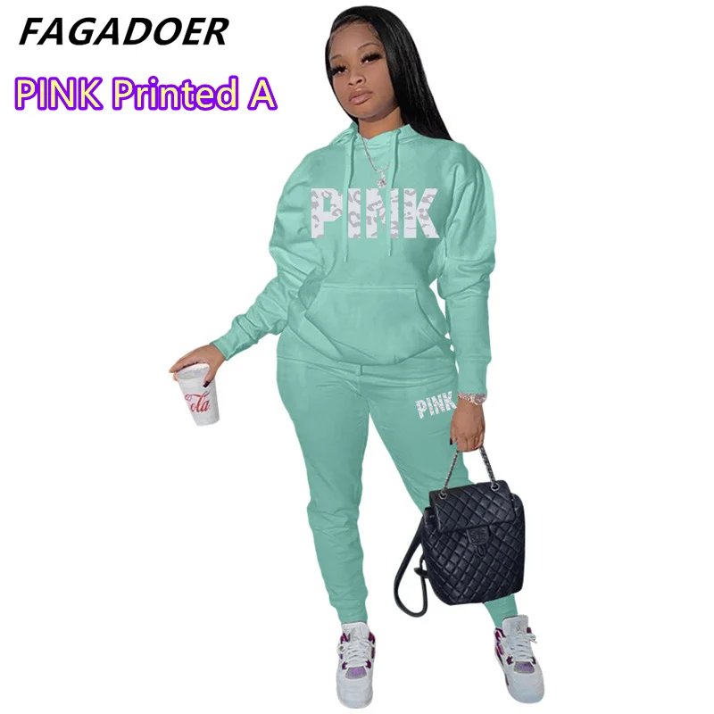 Fagadoer Hoodies Sport Two Piece Set Women Autumn Winter Tracksuit Solid Sweatshirts+Pants Casual Streetwear Women Sweat Suits pink jogging suit Suits & Blazers