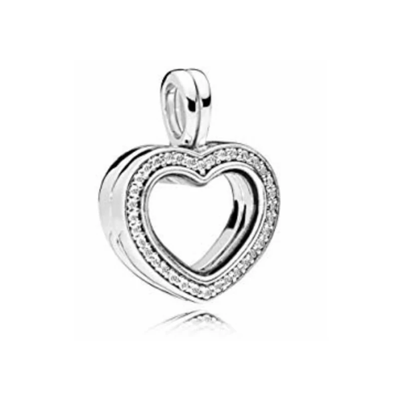 

PDB 100% Sterling Silver 925 FLOATING LOCKET Pandent Heart-shaped Charm Box Zircon Border Can Collect Small Charm Beads 797248CZ