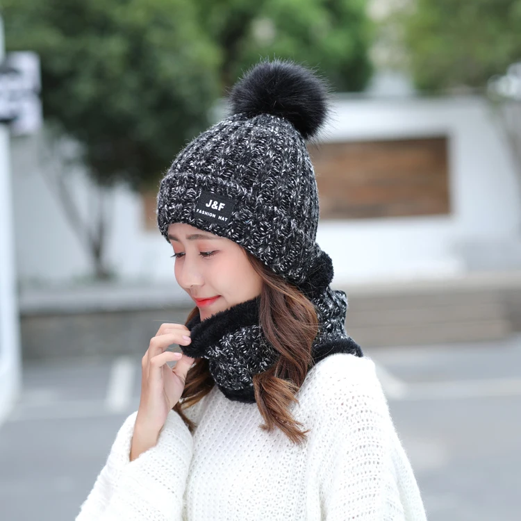 Теплая зимняя вязаная шапка Skullies Beanies, женская брендовая Высококачественная зимняя женская Шерстяная Лыжная шапка с меховым помпоном, шапки с помпонами, вязаный шарф - Цвет: Черный