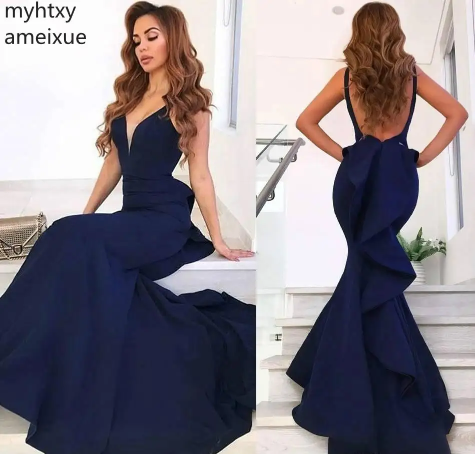 

2019 Cheap Navy Blue Sexy Long Prom Dress Mermaid Backless Sleeveless Back Formal Evening Party Gown Custom Made Plus Size Prom