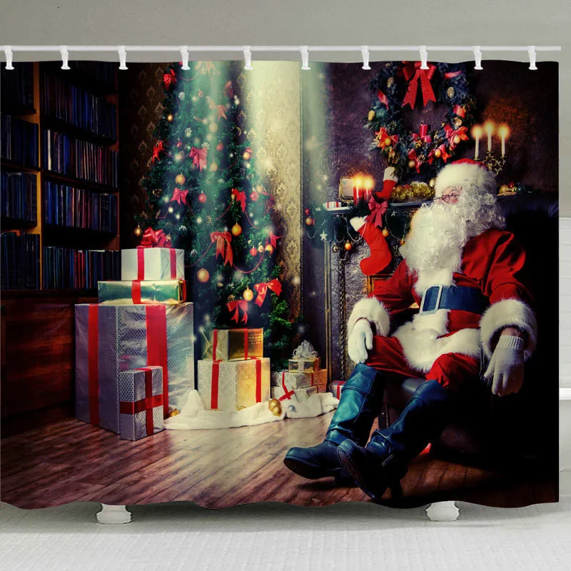 Santa Claus Puts Gifts In The Room Shower Curtains Christmas Waterproof Various Cute Pattern Curtains 12 Hooks Printing Bathroom