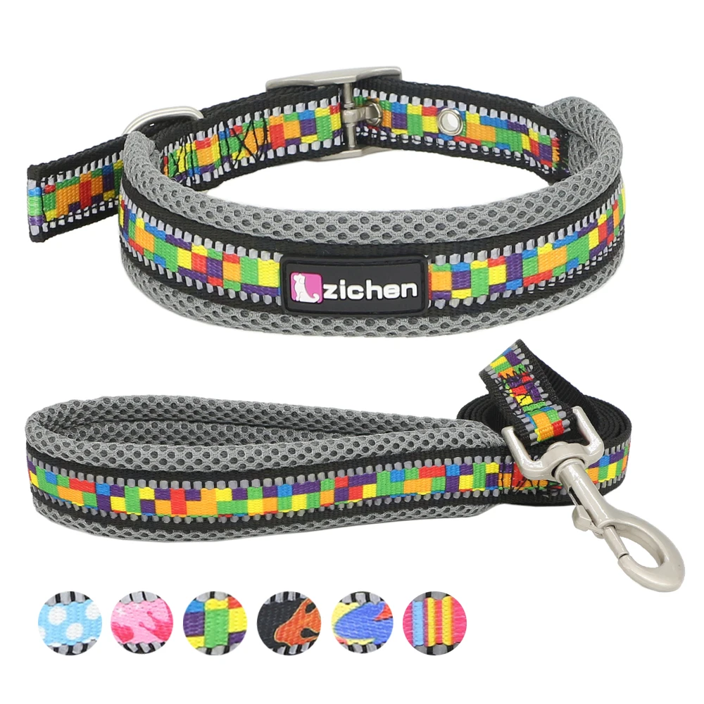 

Reflective Dog Leash Collar Adjustable Printed Mesh Nylon Durable Dog Collar for Small Medium Large Pets Collars Leashes Set