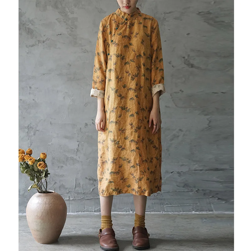 

2020 Spring Women Dress Retro Chinese Style Vintage Print Plate Buttons Linen Dress Long Zen Robe Vestidos P193