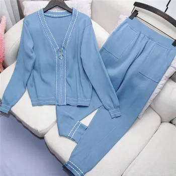 

New arrival 2020 fall high end Casual Tracksuit Knitted Cardigans Coat + Long Pants Trousers 2 piece Set women clothes suit