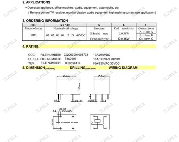 5 шт./лот реле SRD-12VDC-SL-C SRD-24VDC-SL-C SRD-48VDC-SL-C 12V 24V 48V 10A 250VAC 5PIN T73