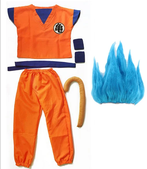 Костюм Dragon Ball Z, костюм Сон Гоку, маскарадные костюмы, Топ/штаны/пояс/хвост/повязка/парик, тренировочная одежда для взрослых и детей на Хэллоуин - Цвет: GUI With Blue WIG