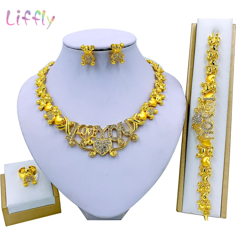 

Liffly New Nigerian Wedding African Costume Jewelry Sets Dubai Neckace Bracelet Earring Ring for Women Party Gold Jewelry Set