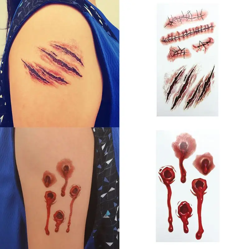 10 Sheets Halloween Waterproof Temporary Tattoo Sticker Horror Realistic Fake Bloody Wound Stitch Scar Scab Cosplay Makeup Props