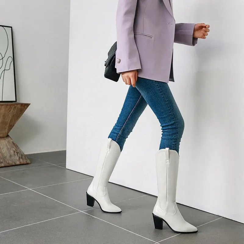 ASUMER Plus size microfiber leather women boots pointed toe western cowboy boots women mid-calf thick high heels ladies boots