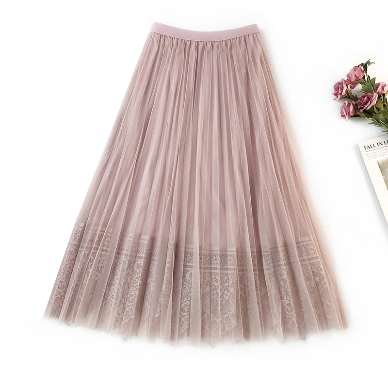 Elegant Women Skirts 2020 New Spring High Waist Slimming Long Pleated Skirt Floral Lace Patchwork Midi Skirt Saias Faldas Jupe