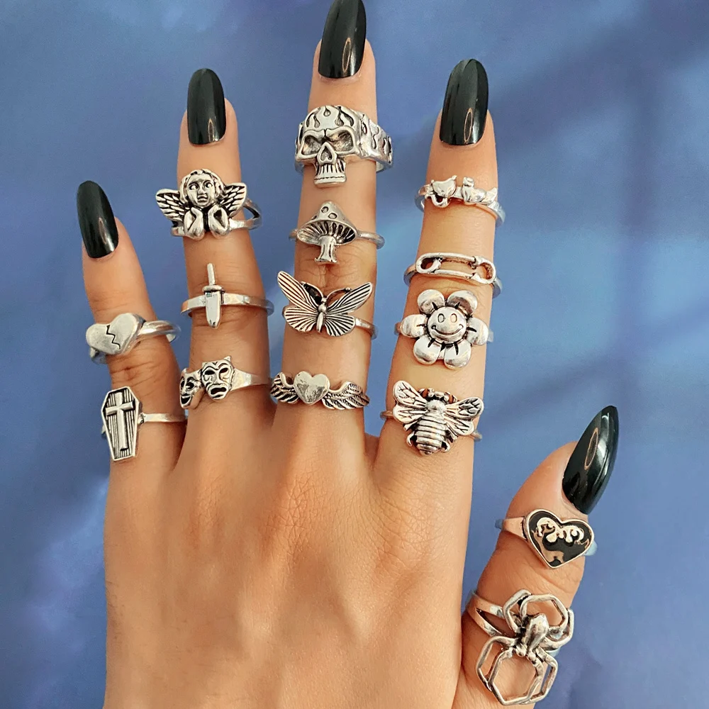 Silver Ring Finger Ring Vintage For Women Men Butterfly Mushroom Angel Cross Skeleton Punk Gothic Ring For Teens Fashion Jewelry