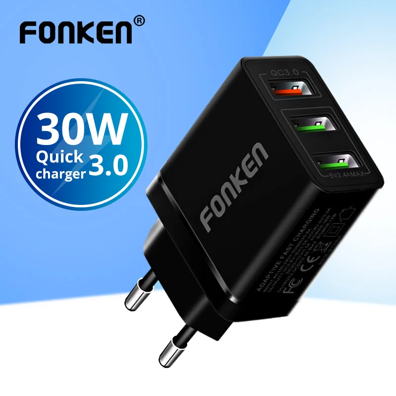 FONKEN USB Charger Quick Charge 3.0 Fast Charger 3 Port QC3.0 QC2.0 Charging for Phone Mobile Tablet Multi Wall Adapter