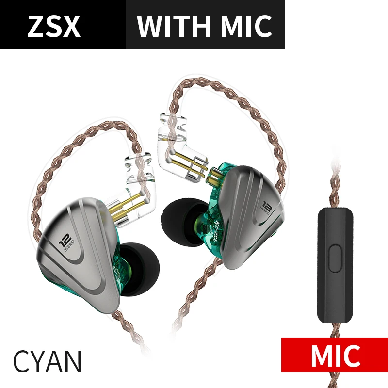 Cyan with mic KZ ZSX 5BA+ 1DD гибридные наушники в ухо IEM 6 блок драйвера Hi-Fi наушники капельки спортивные Auriculares вкладыши этап 2Pin ZS10 Pro AS10 - Цвет: Cyan with mic