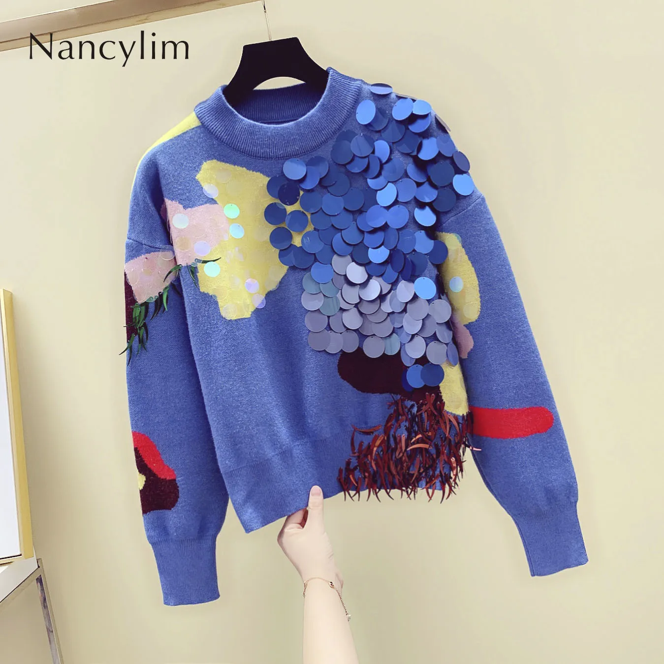 

2019 Autumn Winter New Long-sleeved Sweater Women Streetwear Jumper Korean Color Patch Sequins Blue Sweater Girl Lady Pullover