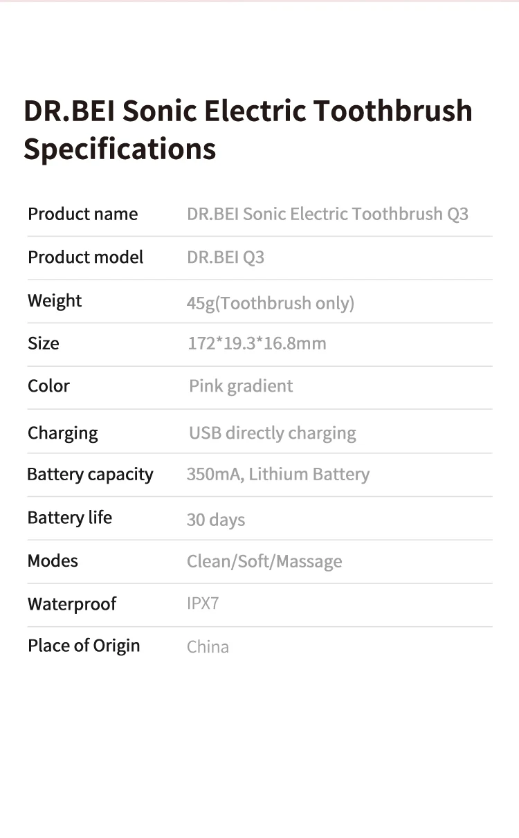 Xiaomi Doctor B Q3 Sonic Electric Toothbrush USB Rechargeable IPX7 Waterproof 45g lightweight body Soft Brush for Adult (14)
