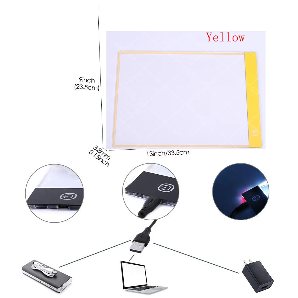 Yellow Digital Tablet A4 Led Artist Thin Art Stencil Drawing Board Light Box Tracing Table Pad Diamond Painting Accessories