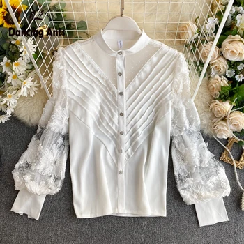 

Woman Shirt Lace Chiffon Blouse Women Royal Style Vintage Female Shirts Long Puff Sleeve Print Retro Clothes