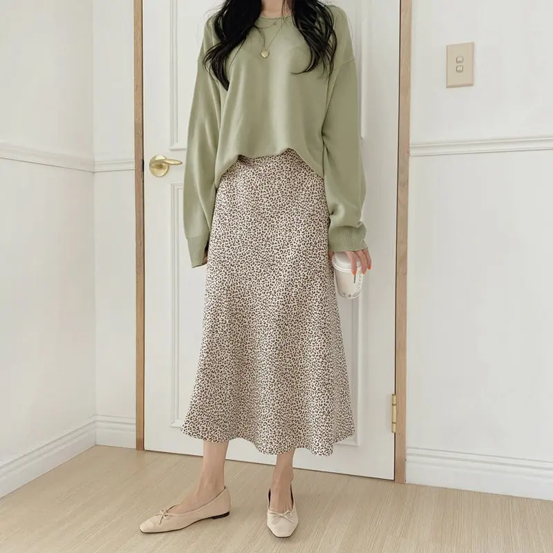Beige Leopard Skirt RICININA, женские юбки,, на молнии, леопардовая расцветка, шифоновая длинная юбка, осенняя, повседневная, Jupe Femme Mi Longue, винтажные, зимние юбки - Цвет: Beige Leopard Skirt