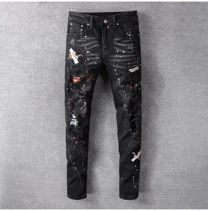 Men's Black Ripped Jeans Streetwear 