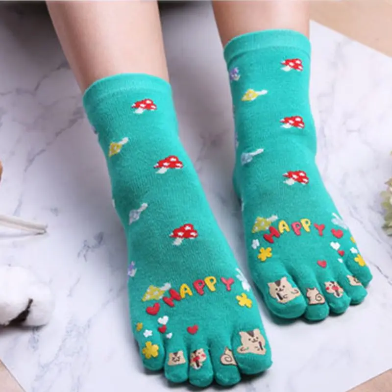 

Women Cute Five Fingers Toe Socks Colorful Mushroom Cartoon Cat Print Hosiery Y1AC