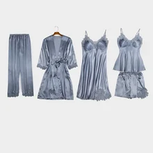 Robe Women Gown Sets with Chest Pad Sleepwear Spring Autumn Sexy Silk Robe Five-Piece Sling Shorts Nightdress Robe Home Service