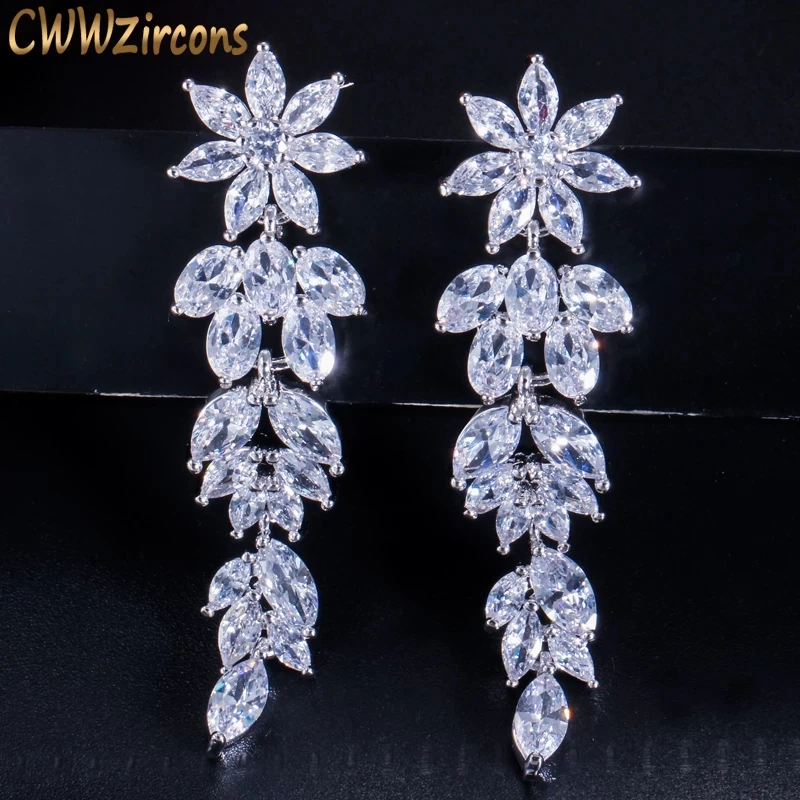 

CWWZircons Luxury Marquise Cluster Flower Shape Cubic Zirconia Long Dangle Drop Earrings for Brides Wedding Jewelry CZ432