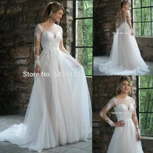 A Line Tulle Vestido De Noiva Wedding Dresses Scoop Long Sleeves Lace Appliques Court Train Button Illusion Bridal Gowns