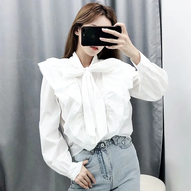 Vintage elegante Oficina señora volantes Blusas blancas mujeres 2019 moda manga lazo Collar camisas elegantes|Blusas y camisas| - AliExpress
