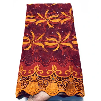 

Orange and red New Design African Lace Fabric High Quality French Nigerian Beads Embroidered Tulle Lace Fabric With Sequins