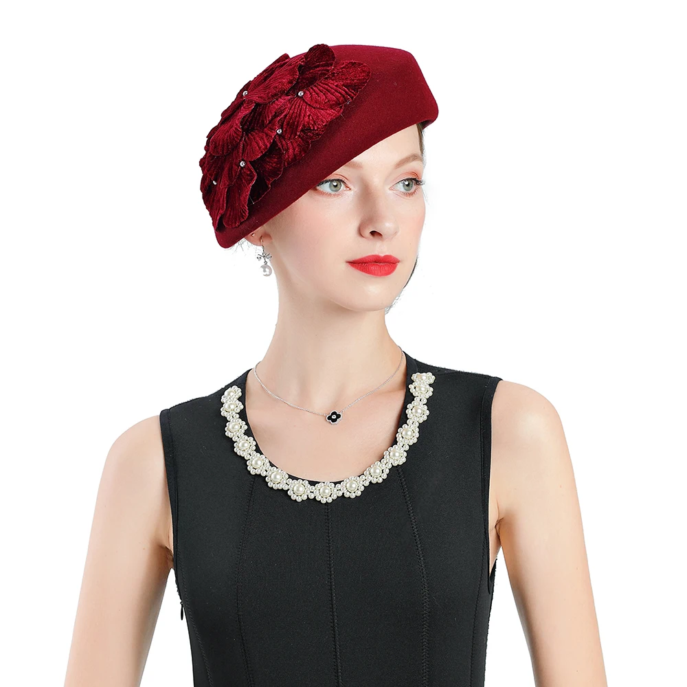 

Fashion Wool Women Outback Fedora Hat For Winter Autumn Elegant Lady Red Fascinator Hats Church Jazz Caps Flower Decoration