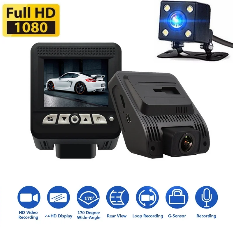 

Hidden Mini Dash Cam FULL HD1080P Registrar Vehicle Camera2.4 Screen Car DVR Camera Dual Lens with Rear View Auto Video Recorder
