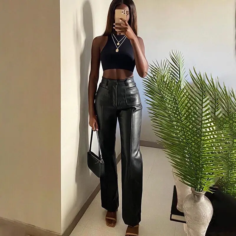 BOOFEENAA Black PU Leather Pants Women 
