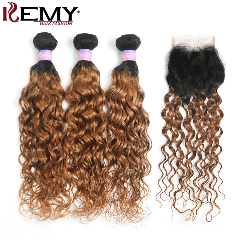 

1B 30 Water Wave Hair Bundles With Closure 4x4 Ombre Brown Brazilian Human Hair Weave Bundles With Closure Non-Remy KEMY HAIR