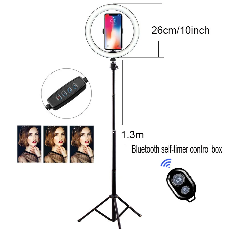 Bluetooth Selfie Stick Shoot фотография 26 см светодиодный селфи кольцо свет затемнения освещение Макияж Видео Live студийный штатив телефон клип - Цвет: 10inch 130cm Tripods