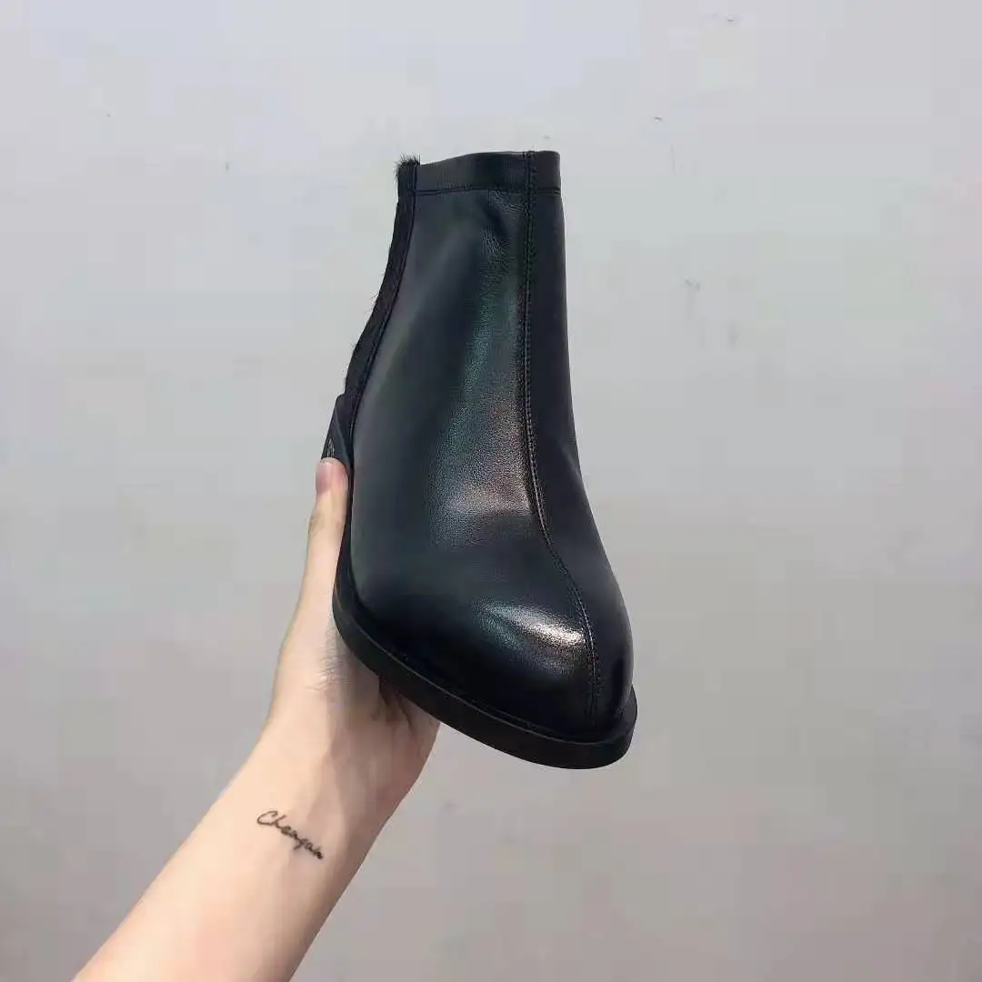 

2019 Autumn New Style Full-grain Leather And Horse Hair Ankle Boots round-Toe after Zipper Simple British Style Versatile Fashio