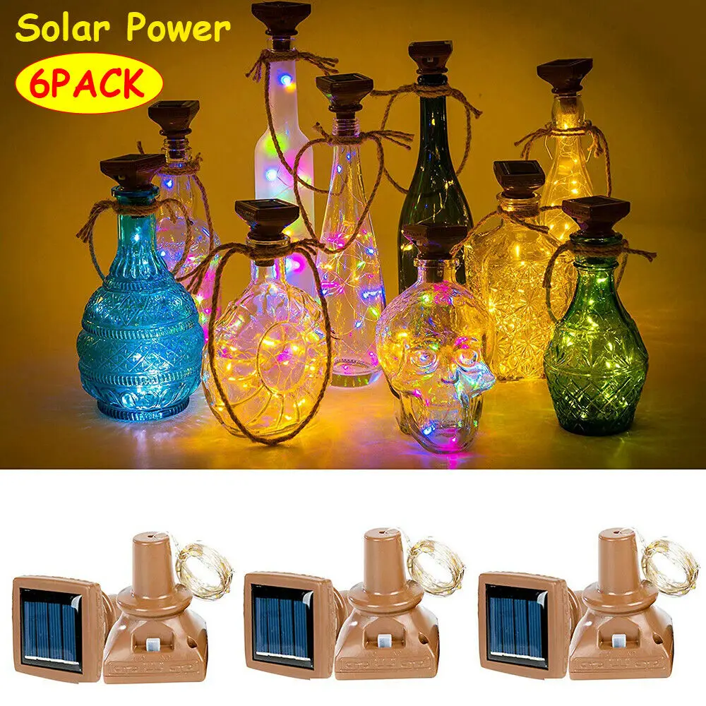 

6Pcs Solar Powered Retro LED Wine Bottle Lights String Christmas Garland Copper Wire Cork Shaped Glass Bottle Lamp Fairy Lights